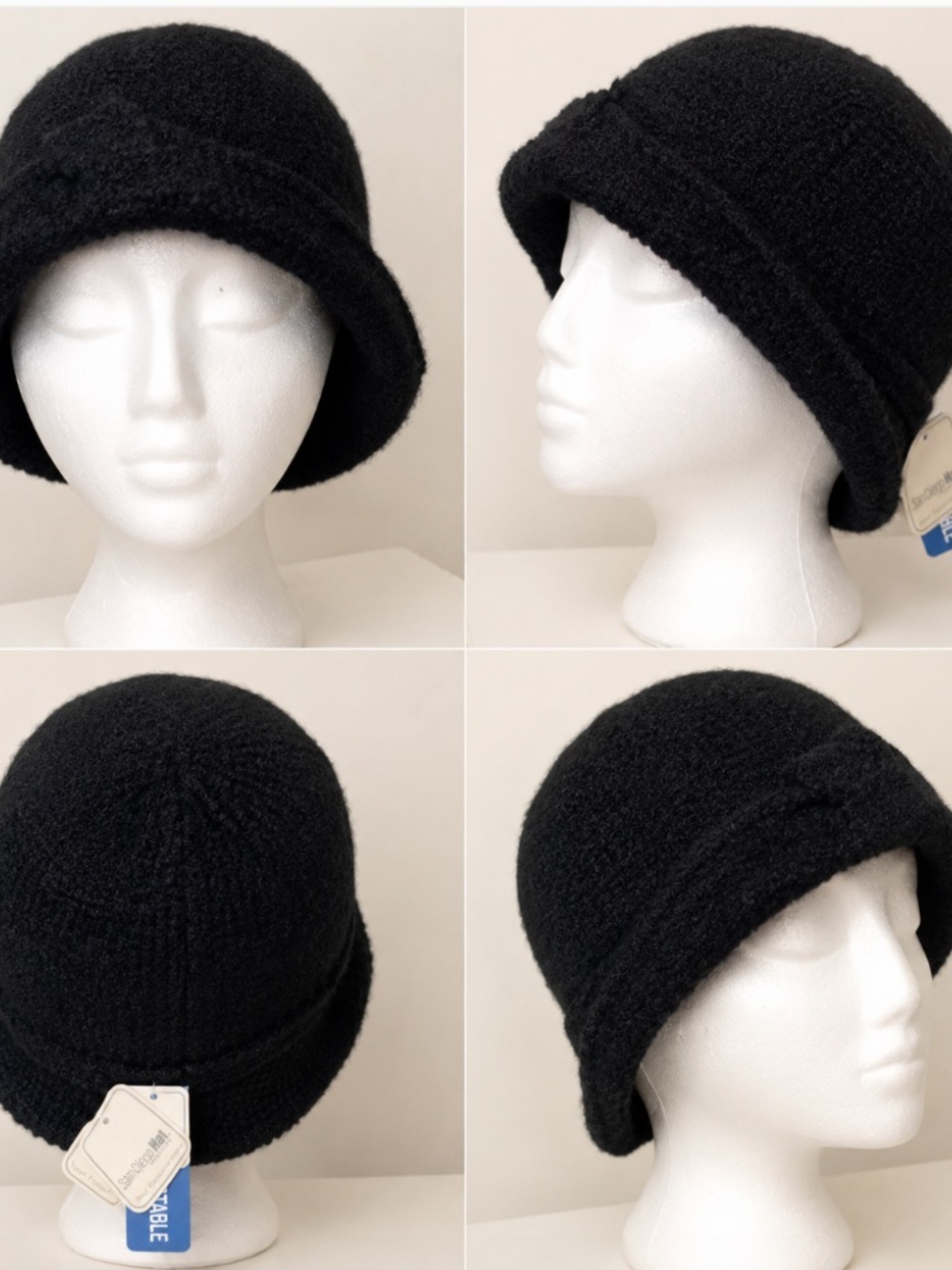 NWT -- San Diego Hat Company Black Fuzzy Knit Adjustable Cloche Hat